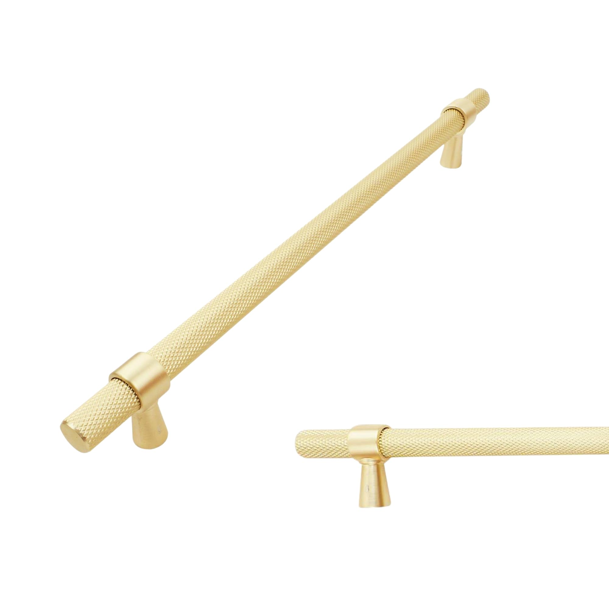 Keypak Brushed Brass 10 Pack Knurled Kitchen Cupboard Handles, 224Mm Hole Centres, Aluminium T-Bar Pulls For Cabinet, Wardrobe Doors, Chest Of Drawers