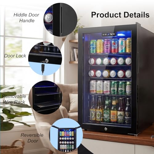 Image of 20 Inch Beverage Refrigerator, Mini Fridge with Glass Door for Soda Beer-130 Can Small Fridge for Home Office Bar, 3.4 Cu.Ft Drink Cooler with Reversible Door, Digital Temperature Control,Black