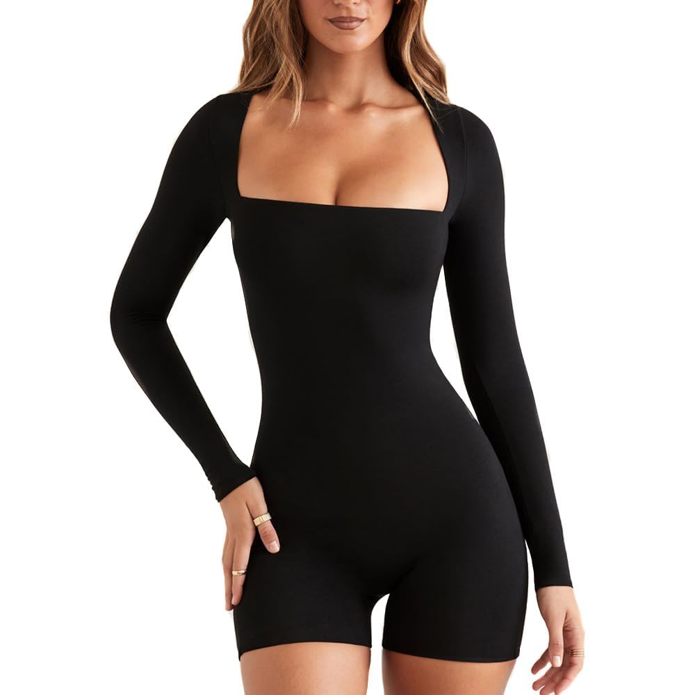 Bkepdy Women's Black L Jumpsuits Sexy Square Neck Long Sleeve Bodysuit Slim Fit One Piece Bodycon Tops Clubwear Playsuit Yoga Shapewear Workout Outfit Romper (Black L)