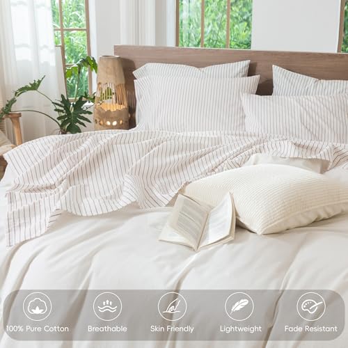 Image of MooMee Striped Sheet Set 100% Washed Cotton Linen Like Queen
