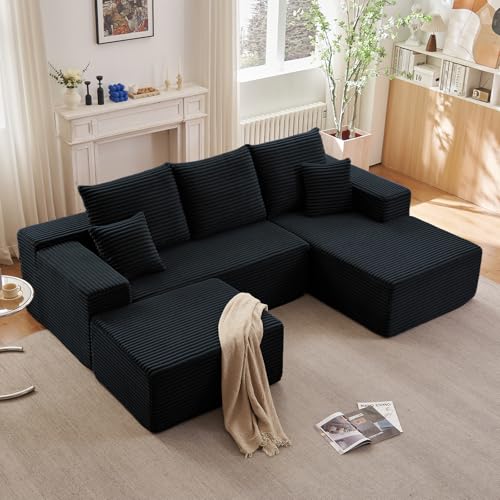 Image of Lakifun 107 inch U-Shape Cloud Couch, Modern Modular Sectional Comfy L-Shape Sofa with Ottoman, Deep Seat, Upholstered Corduroy Sleeper Chaise Longue for Living Room Bedroom, No Assembly Required, Black