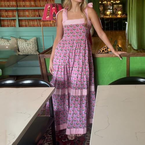 Image of Women Y2k Boho Maxi Dress Tie Shoulder Backless Strappy Tiered Flowy Dress 2024 Summer Floral Beach Sundress