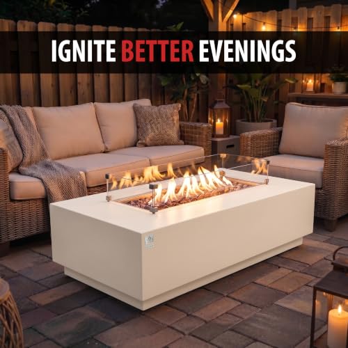 Image of AMS 66 inch Rectangular Concrete Propane Gas Fire Pit Table Bundle, Cream White