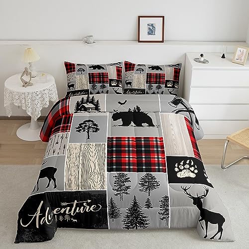 Buffalo Plaid Bedding Set For Boys Girls, Woodland Bear Moose Comforter Set In Red, Black, And Grey Hunting Animal Elk Down Comforter Twin Vintage Deer Cabin Duvet Insert For Adult Men Bedro