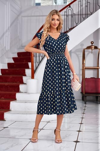 Image of GRACE KARIN 2026 Womens Summer Dresses V Neck Ruffle Sleeve Floral Boho Beach Dress A-Line Swing Midi Wedding Guest Sundress