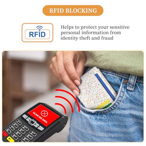 Image of Hancynir White Floral Flower Small Wallet Women Credit Card Holder, Cute Slim RFID Blocking Keychain Card Wallets, Mini Front Pocket PU Leather Travel Zipper Coin Cash Ladies Wallet Organizer Gifts