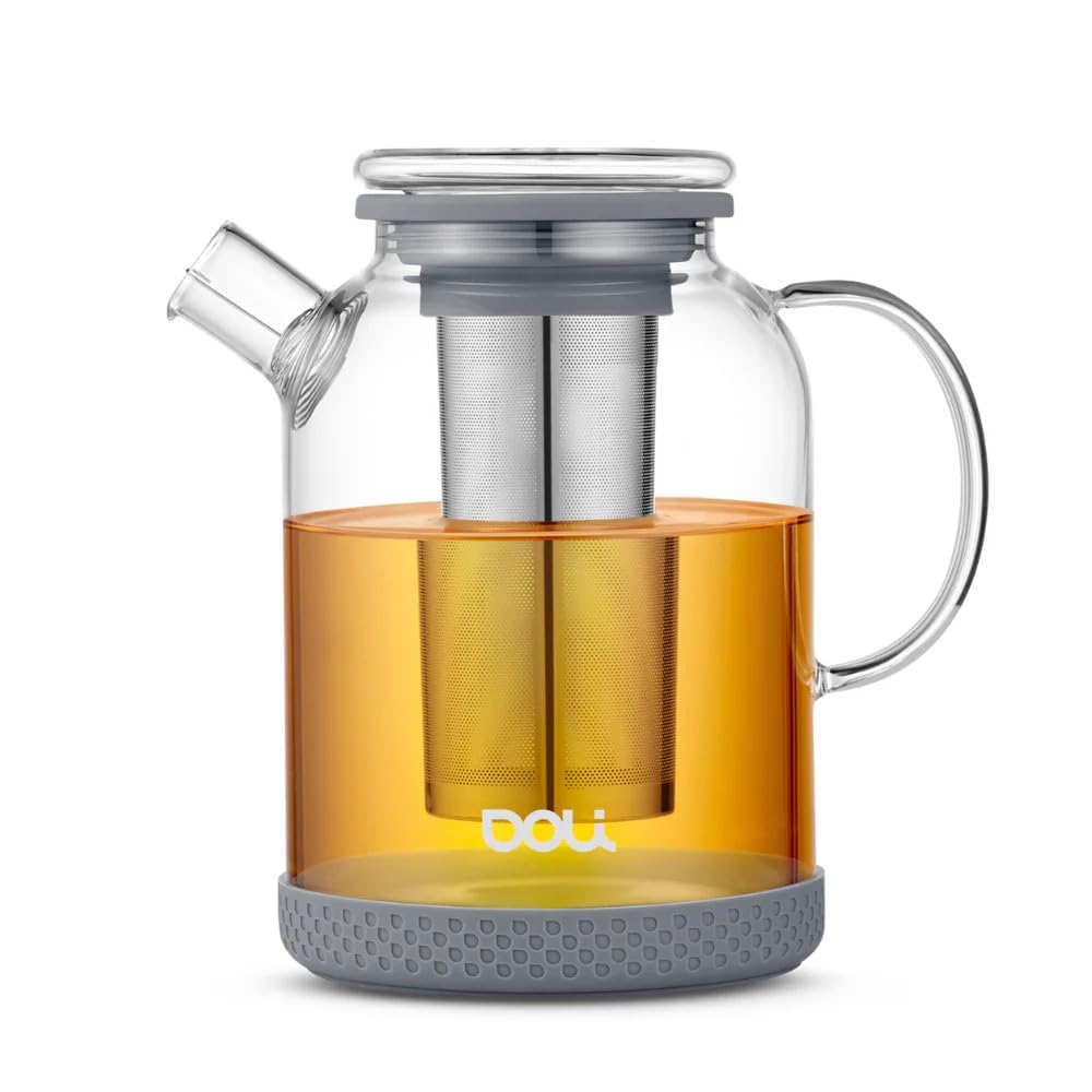 Doli 1,5L Teekanne Glas mit Siebeinsatz Grey - Langes Edelstahl Sieb für pures Aroma - für heiße & kalte Getränke - Spülmaschinenfest - BPA-frei