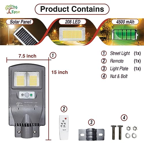 Image of Epyz 30 Watt Grey Solar Street Lights with Remote, 208 LEDs, Motion Sensor for Garden, Street, Lawn, Patios and Pathways [ with Out Pole ] [ Pack of 1, Warm Yellow ]