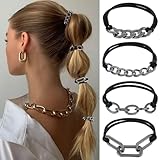 AOZUO 4Pcs Black Hair Bracelet, Metal Elastic Hair Bands Ponytail Holder Hairs Accessories Elastic Rubber Hairband Haircuffs for Thick Thin Curly Trendy Gold Bead Jewelry Gift(Black)