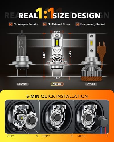 Image of OXILAM H7 LED Light Bulb, 64000LM 1000% Brightness 6500K White with Ultra-Bright LED Chips, Wireless Non-polarity, 5MIN Direct Plug, Anti-Flicker H7 Fog Light Compatible with Cars Trucks SUVs, 2 Pac