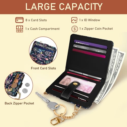 Image of Jogjam Colorful Dream Catchers with Feathers Rfid Ladies Wallet, Small Credit Card Women Wallet, Boho Traditional Circular Net PU Leather Bifold Cash Zipper Coin Pocket for Female Blessing