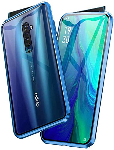 Orgstyle per Oppo Reno 2 Cover, Custodia Adsorbimento Magnetico Protettiva, Fronte e Retro in Vetro Temperato Trasparente Cover Paraurti in Metallo 360 Gradi Full Body Thin Fit Cover, Blu
