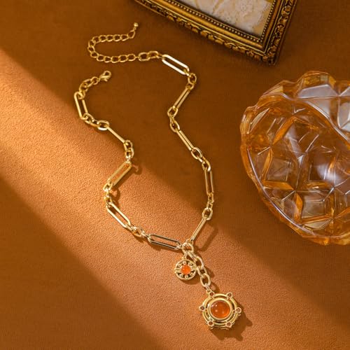 18K Gold-tone Plated Necklace for Women Chunky Agate Pendent Choker Dianty Sun Heart Necklace Unisex3