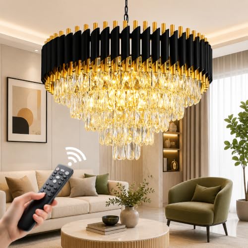Image of Elegant Chandelier Ceiling Light for Living Room Hanging Pendant Light | Italian K9 Crystals | Metal Frame | Adjustable LED Light (Warm, Cool, Natural White) (Rotatable-500MM-Round-Black Gold)