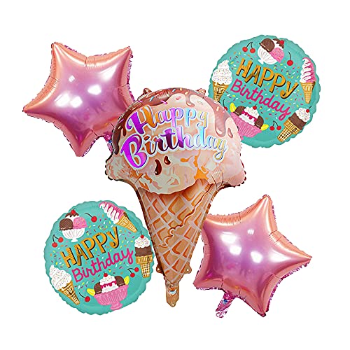 Image of Rozi Decoration Happy Birthday Ice-Cream Foil Balloon Party Decor | Set of 5-1 Pc Ice-Cream Foil Balloon, 2 Pc Star Foil Balloon & Round Foil Balloons (2 Pc)