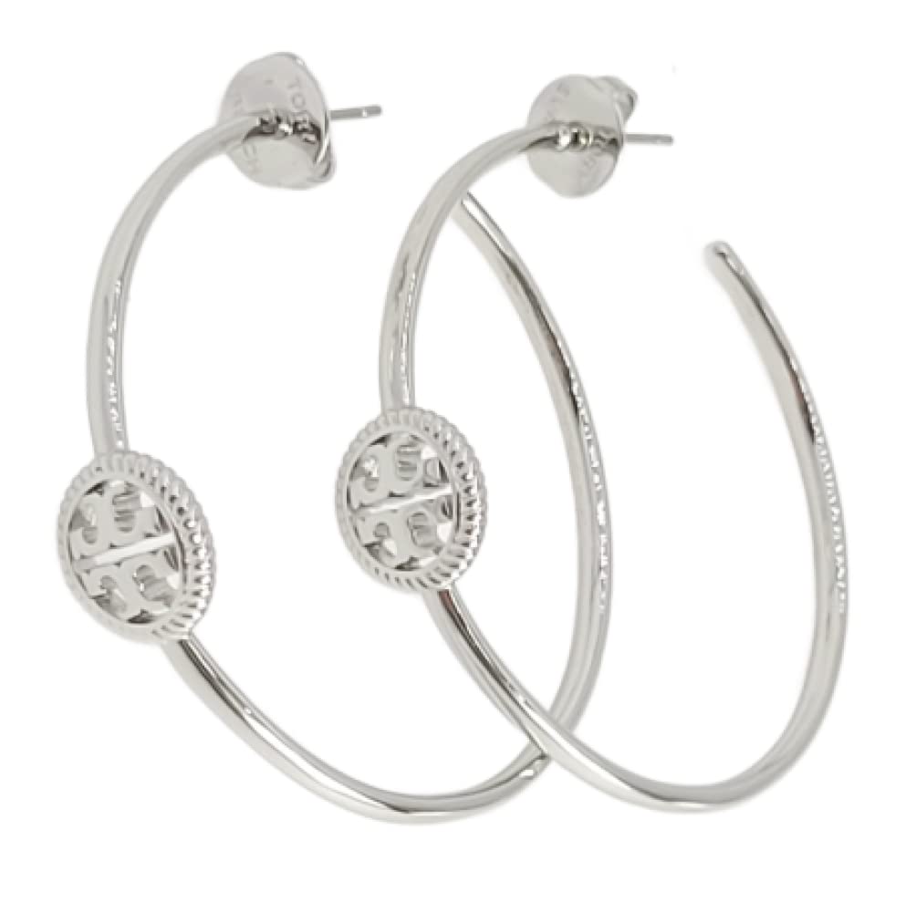 Tory Burch 137720 Rope Logo Silver Tone Women's Hoops Earrings