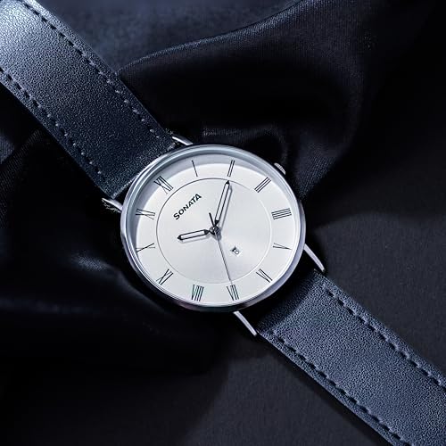 Image of Sonata Quartz Analog with Date Silver Dial Black Leather Strap Watch for Men