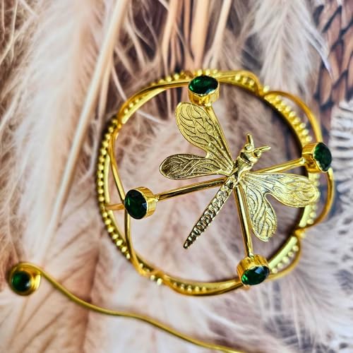 Image of Hair Bun Cage Accessory for Women | Handcrafted Brass Juda Cover with Stick | Anti-Tarnish Traditional Hair Accessory for Wedding & Festive (Dragonfly Green Crystal Hair Bun (Golden))