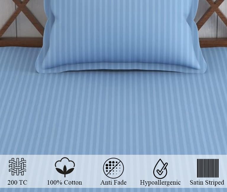 Image of Trance Home Linen 100% Cotton 200 TC Satin Stripe Single Bedsheet with Pillow Cover | Fade-Resistant, Soft & Hypoallergenic |Flat Bedspread for Single Mattress - (54 x 90 inch, Sky Blue)