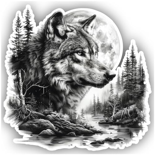 Samunshi® Autocollant Scène Loup dans la forêt Lune Montagnes Autocollant pour moto vélo scooter ou voiture Autocollant vélo VTT Vélo de route Aquarelle...