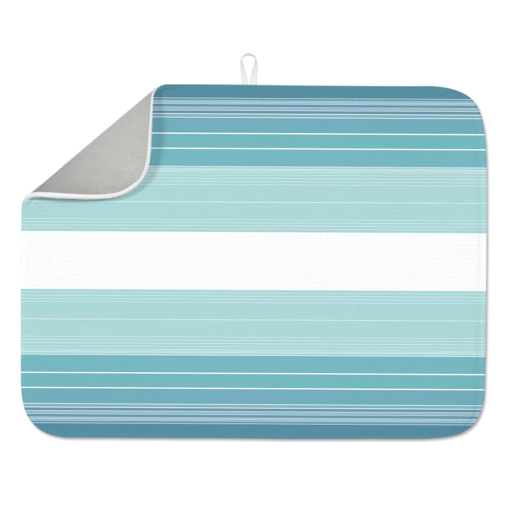 INFUNLY Tapis de séchage à vaisselle à rayures bleues 60 × 45 cm en microfibre polyester coton bleu absorbant tapis de comptoir résistant à la chaleur séchage rapide boucle de suspension