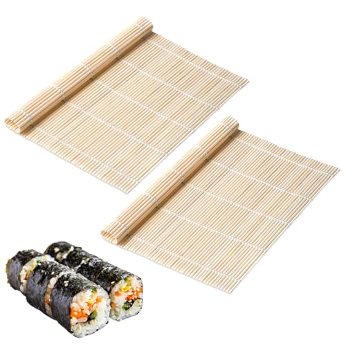 YUVKIN 2 Piezas Esterilla de Bambú para Sushi – Makisu para Enrollar Sushi – Ideal para Sushi Casero u Otros (23x23cm) (Bambú)