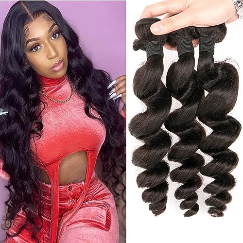DaiMer Human Hair Bundles Loose Wave 3 Bundles 14 16 18 Inch 10A Grade Brazilian Virgin 100% Unprocessed Human Hair Loose Wavy Bundles Natural Black Weave Human Hair Extensions