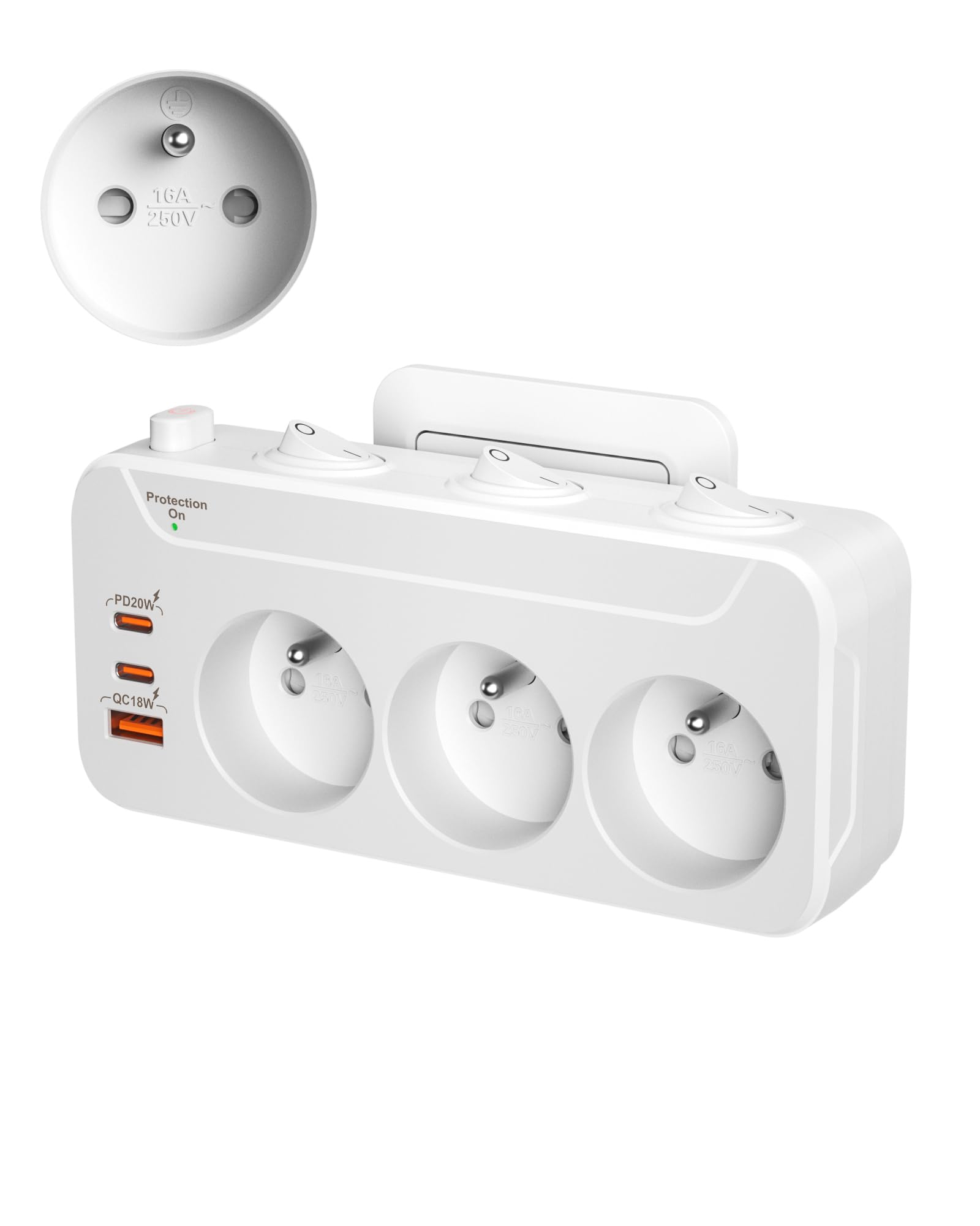 Listwa Zasilająca 3 Gniazdo, PD20W Wielokrotne Gniazdo z Wyłącznikami,Listwa Zasilająca Przeciwprzepięciowa 3 Gniazda Elektryczne,Rozdzielacz Elektryczny Adapter do Gniazdka z Type-c,Biały