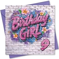 Birthday Card Age 9. Graffiti Girl Design. Card with Envelope. 150x150mm supplied with Envelope. Eco-friendly. Message inside. Made in Britain.