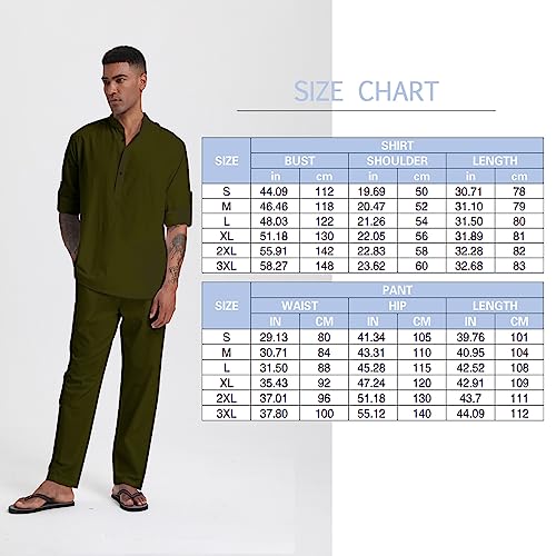 SIENDIU Herren-Leinensets, Henley-Shirts, 2-teilig, Urlaubs-Outfits, Strandkleidung, Freizeitanzug, Langarm-Shirt, Yogahose, Sommer, Grün (Army Green), Large