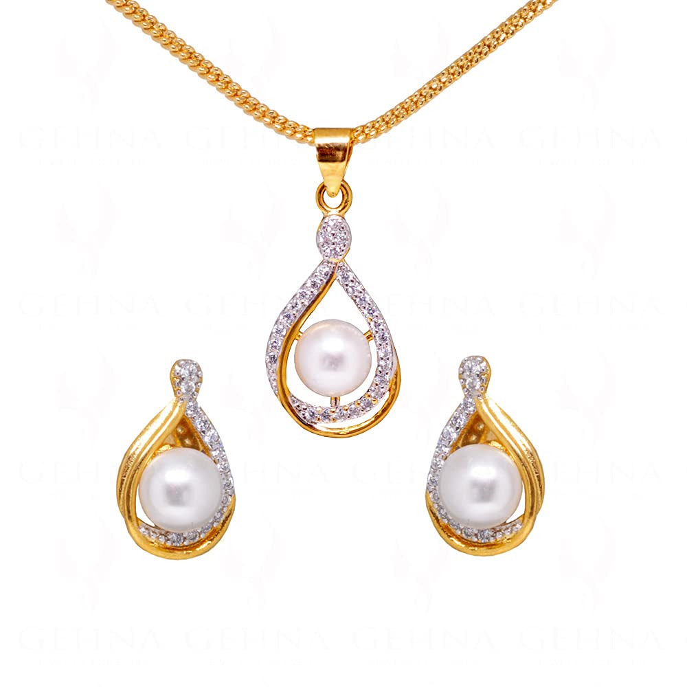gehna Stylish Pearl & Topaz Studded Oval Shaped Pendant Set For Girls NFP-1135 (White)-picture-20