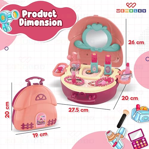 Image of Wembley Makeup Kit Set for Kids Ages 3-6 Year Old Girls | 2-in-1 Playset Portable Pretend Play Toy for Baby Girl | Safe and Non-Toxic | Lightweight Bag Style Kit | Birthday Gift for Girls of 3 to 6