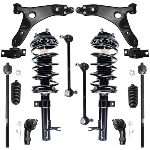 Image of Detroit Axle - Front End 12pc Suspension Kit for 2000-2004 Ford Focus 2001 2002 2003, 2 Ready Struts, 2 Lower Control Arms Ball Joints, 4 Inner & Outer Tie Rods, 2 Sway Bar Links, 2 Boots Replacement