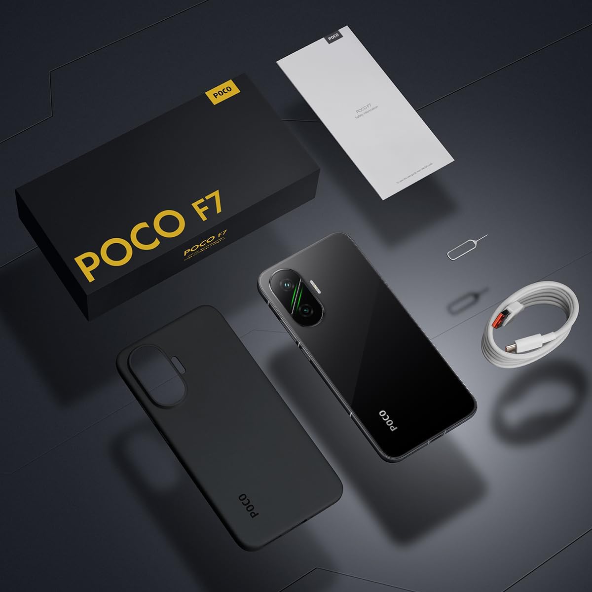 Contents of the XIAOMI Poco F7 Ai 5G retail box, including the smartphone, protective case, USB cable, and documentation.