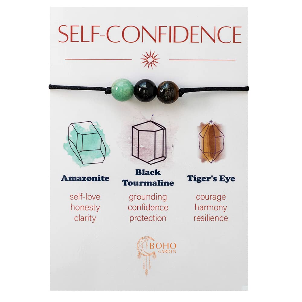 BOHO GARDEN Healing Bead Bracelets - Spiritual Crystal Beaded Bracelet - Made of 3 Real & Natural Gemstones, Adjustable 3-9.7” Black Rope - Gem Stones Jewelry for Men, Women, Teens (13+) - 8mm Bead