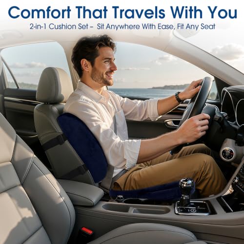 Image of CloudBliss Lumbar Support Pillow & Seat Cushion Set for Office Chair, Desk Chair, Wheelchair & Car-Memory Foam Back Support,Ergonomic Chair Cushions, Sciatica Pain Relief,Home Essentials(Blue,XL)