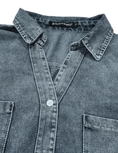 Image of Zilcremo Women Denim Dress Long Sleeve Button Down Jean Shirt | Chambray Casual Tunic Top,Distressed,Fringe Hem,Loose Fit,Mini Length,Country Concert Outfits,Daily Wear,for Spring and Fall