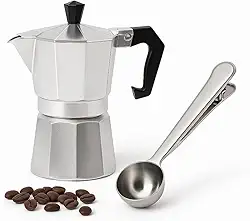 Kit Cafeteira Italiana Moka Alumínio 300ml com Colher Medidora Inox com Prendedor Ideal para Café Encorpado Preparo no Fogão Cozinha Prática Viagem ou Presente Criativo