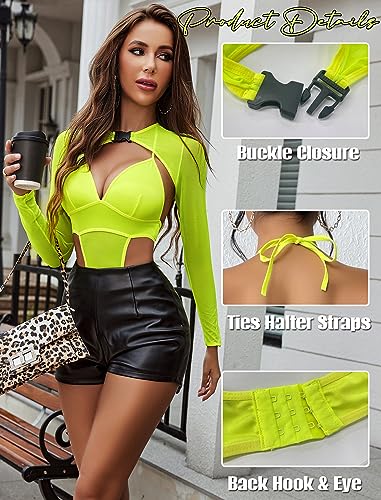 Image of Avidlove Rave Outfits for Women Festival Sexy Lingerie Bodysuit 2 Piece | Buckle shrug crop top halter bodysuit set, snap closure, breathable mesh, for concerts and club nights