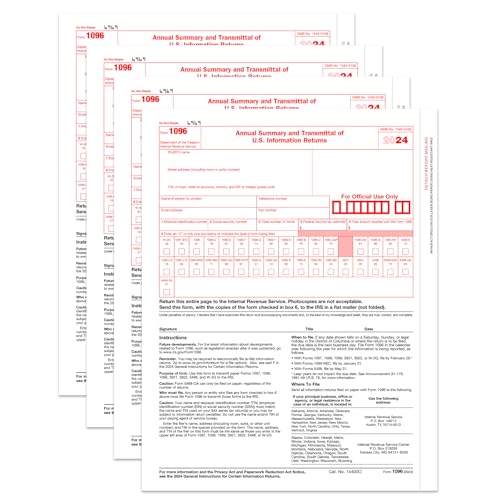 1096 Transmittal 2024 Tax Forms, 25 Pack of 1096 Summary Laser Forms Designed for Quick Books and Accounting Software