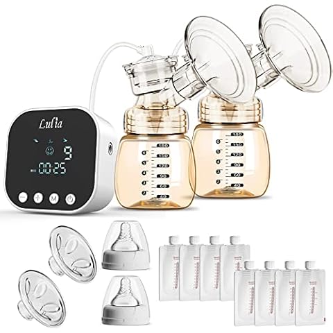 Double Electric Breast Pump, PPSU Baby Bottle, Breast Milk Extractor, with Milk Storage Bag and Adapter, Mechanical Button, Pain-Free, Strong Suction, Rechargeable Portable Breastfeeding Pumps Cover
