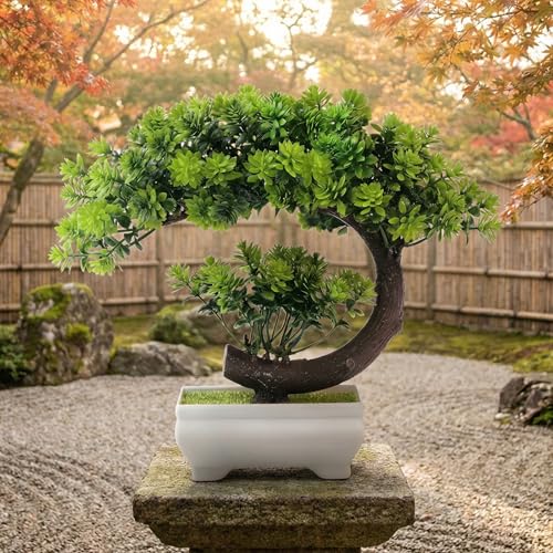 Image of Dekorly Small Fake Plants /Plastic Artificial Bonsai Tree for Bookshelf Bathroom Home Decor, Farmhouse Zen Garden Room Decor, Tall 8.5 inch (Green-Regular, Height : Upto 22CM)