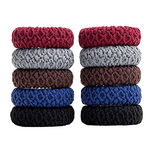 Elastic Hair Bands Thick Hair Ties No Crease Ponytail Holders Stretch Hair Ropes for Women Ladies, Black Brown Red Grey Blue (10 Pack)