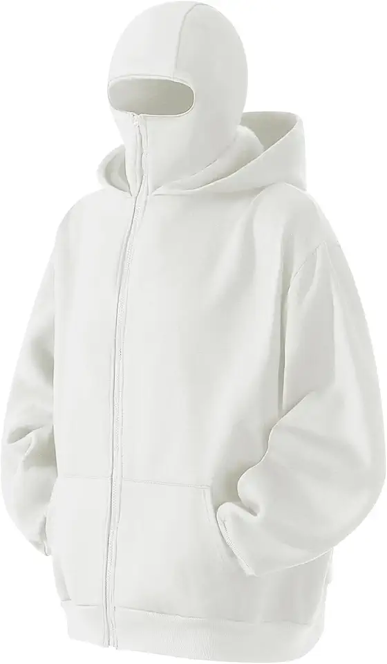 Balaclava Hoodie Men's Zip Up Fleece Double Layer Hooded Hoodie Jackets Windproof Oversized Warm Sweatshirt