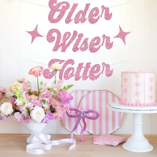Image of BEISHIDA Glitter Pink Older Wiser Hotter Banner with Star, Funny Birthday Banner 30th 40th 50th 60th 70th 80th Party Decorations Sign Gift