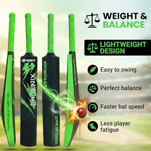 Image of G-Max Phoenix Cricket Bat Full Size HDPE Plastic Lightweight Design Black & Green Massive Sweet Spot Ideal for Tennis Ball & Soft Ball Practice