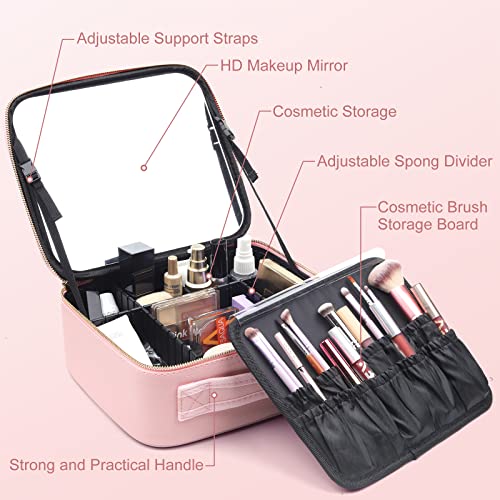 Anzoymx Travel Makeup Bag With Mirror Partitionable Cosmetic Train Case Professional Artist Organizer, Waterproof Portable Storage Box, Make Up Accessories And Tools Case Gift For Women Pink #TOP2