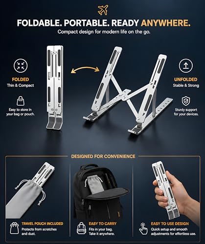 Image of 6 Angles Adjustable Aluminum Laptop Stand, Ergonomic Foldable Portable Tabletop Riser Holder for MacBook, HP, Dell, Lenovo & All Notebooks (Grey)