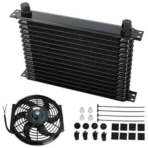 BACLAUGH 15 Row Tube and Fin Transmission Cooler High Performance Aluminium Oil Cooler Kit w/ 10 Black Cooling Fan with Electric Radiator Cooling 12V 80W Mount Kit Universal