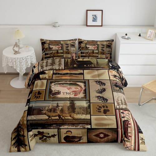 Image of Feelyou Kids Bass Fish Comforter Set Full Size, Deer Hunting Bedding Set Fishing Duvet Insert Boys Girls Rustic Farmhouse Teens Bedroom Decor 3Pcs
